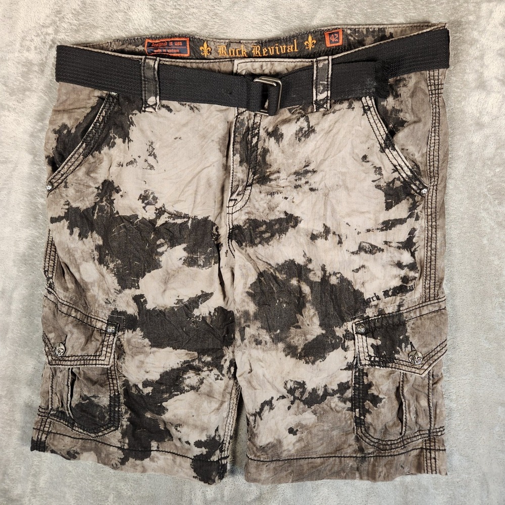 Rock Revival Cargo Shorts Mens 42 Gray Camo Excellent Acid Wash Web Belt